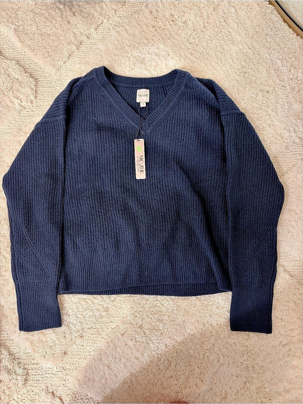 NIC+ZOE Cozy Cottage V-Neck Sweater Blue Medium